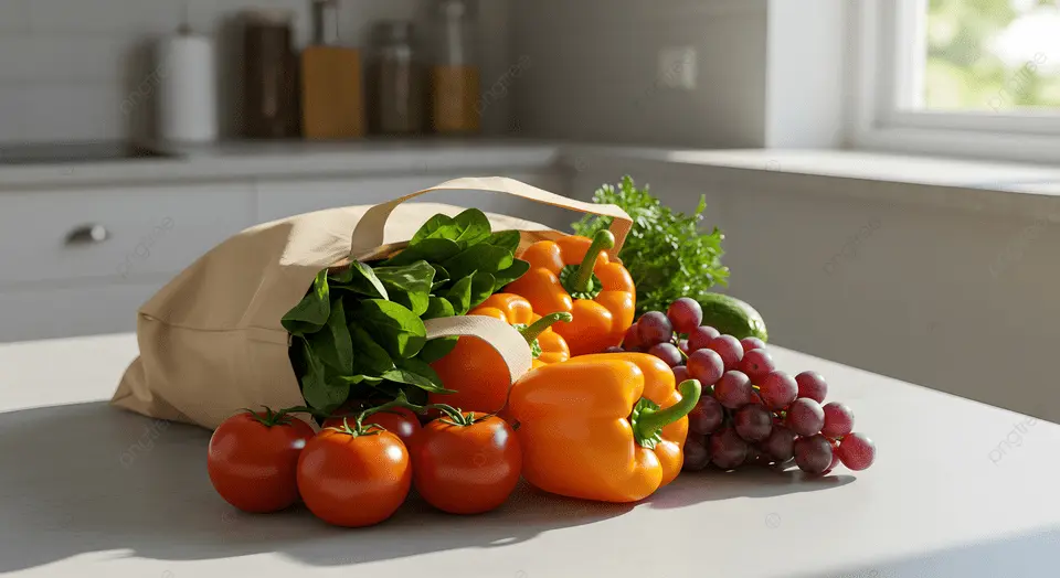 rổ rau củ tươi, chợ hữu cơ, bàn bếp sáng sủa.